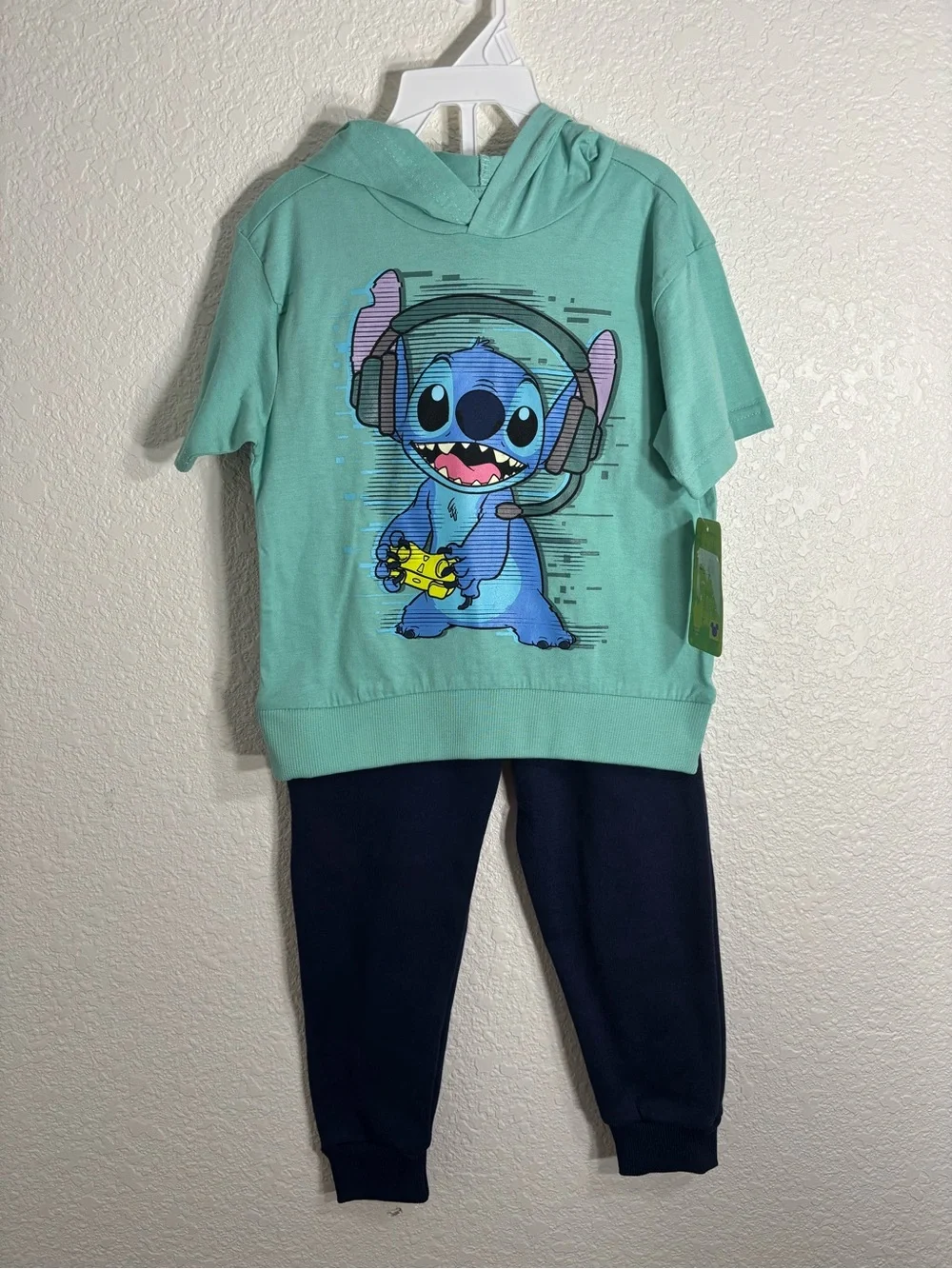 NWT Disney Kids Mint Green Stitch Hoodie T-shirt Set with Navy Pants